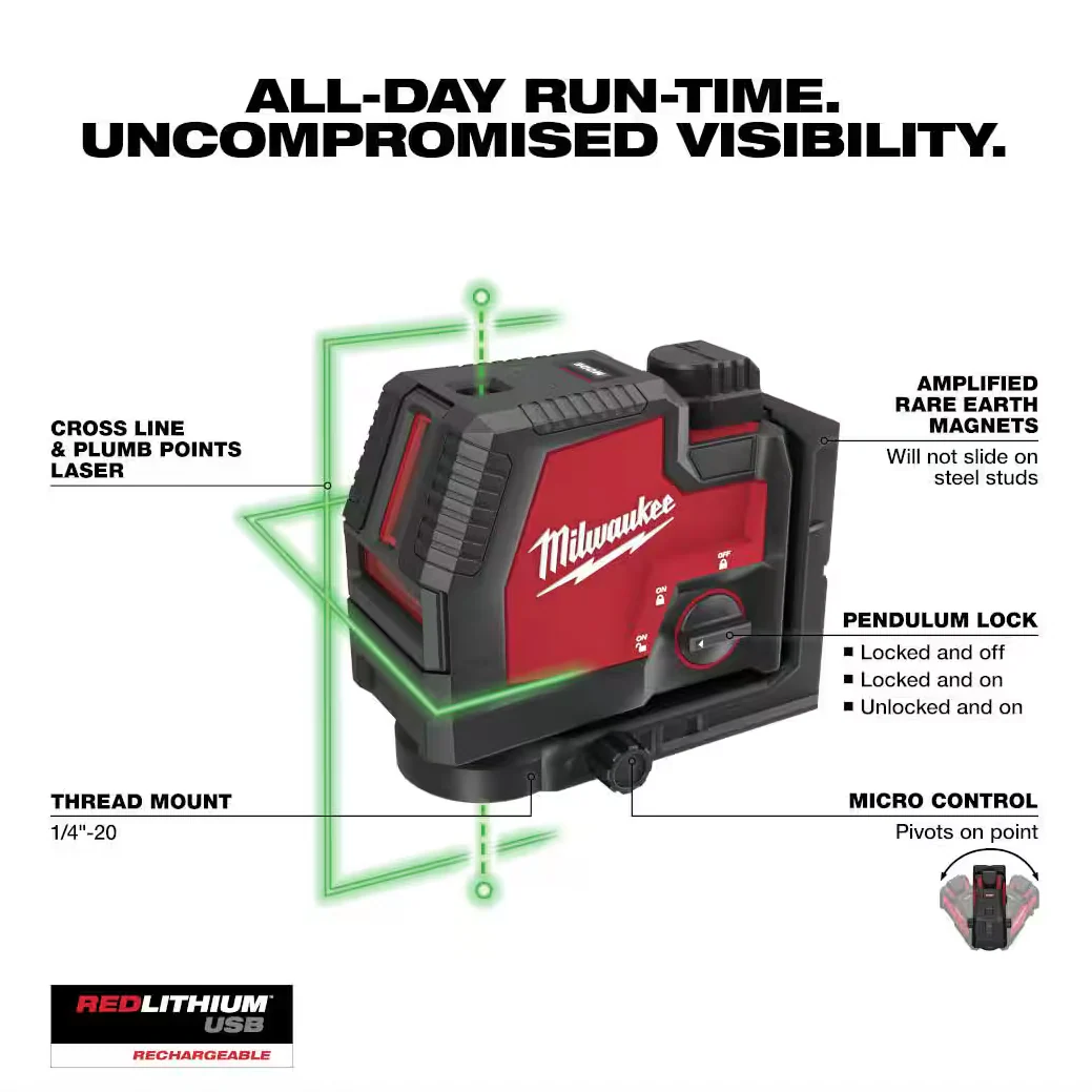 Milwaukee 3522-21 USB Rechargeable Green Cross Line & Plumb Points Laser - Image 3