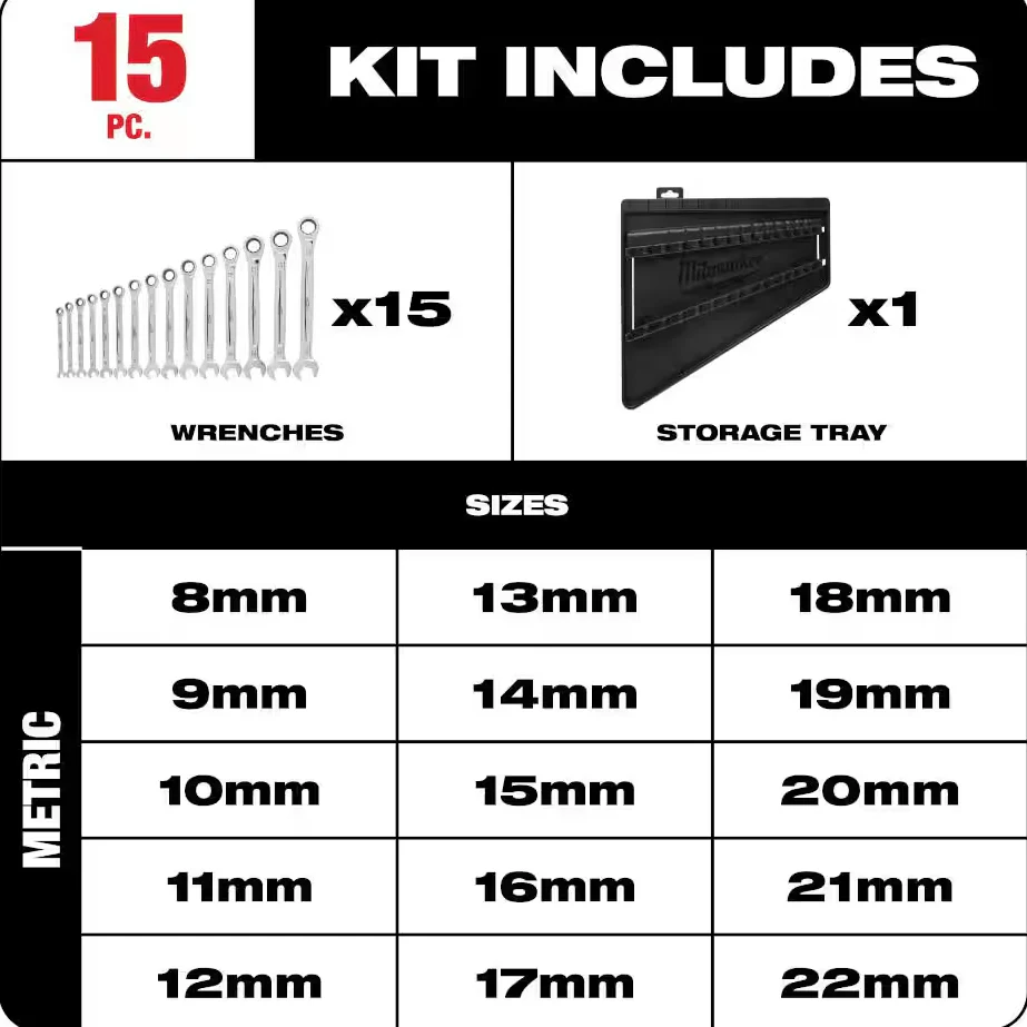 Milwaukee 48-22-9516 - 15pc Ratcheting Combination Wrench Set - Metric - Image 3